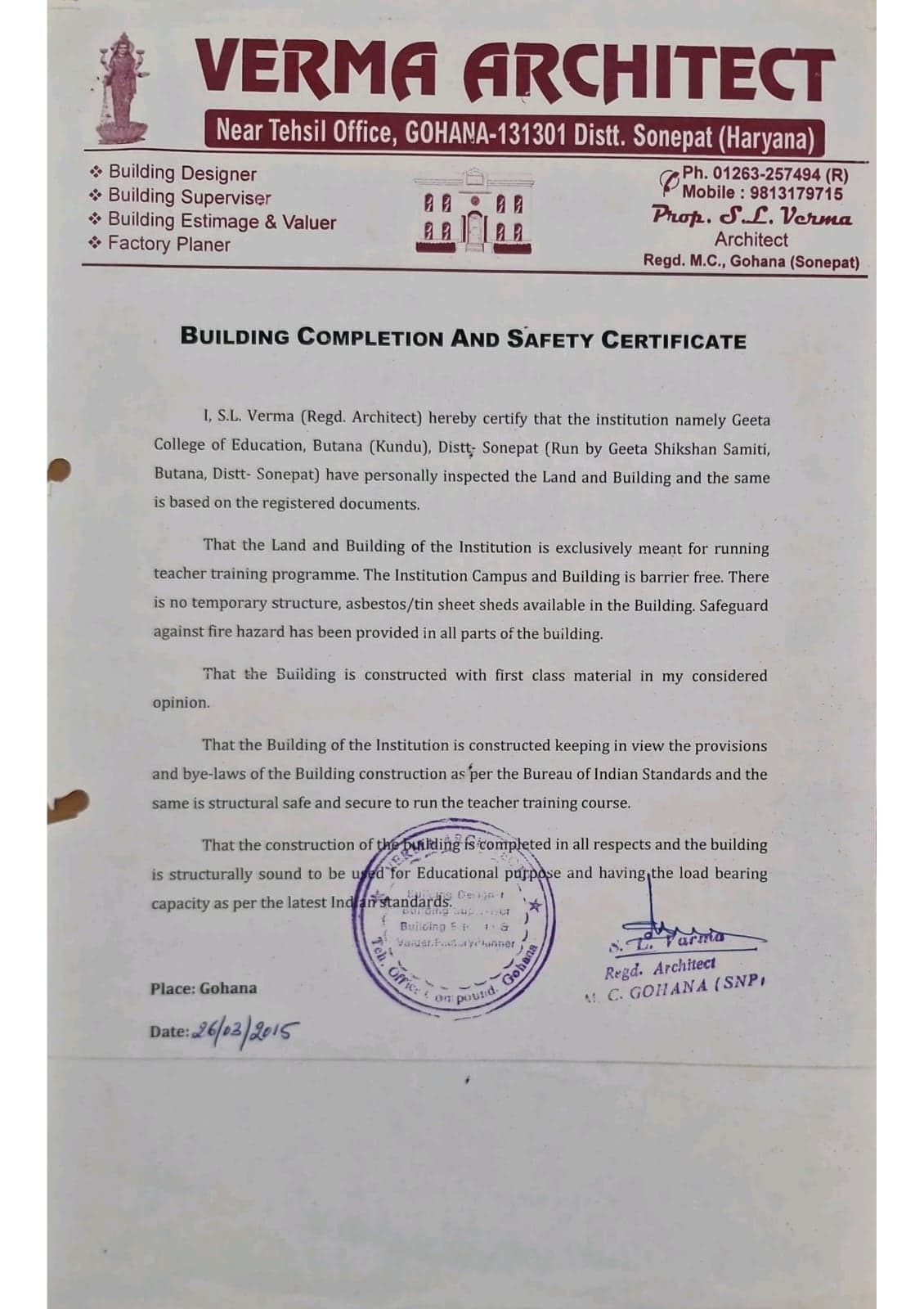 Building Completion and Safety Certificate from Verma Architect, dated 26 March 2015