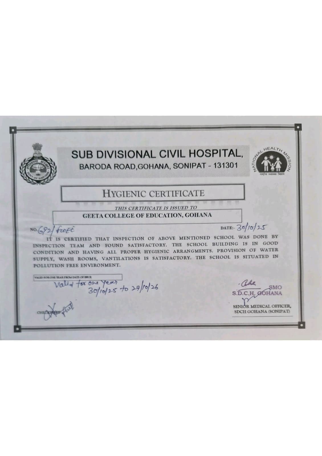 Hygienic Certificate from Sub Divisional Civil Hospital, Gohana, valid 30 October 2025 to 29 October 2026